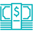 Teal icon of a stack of money.