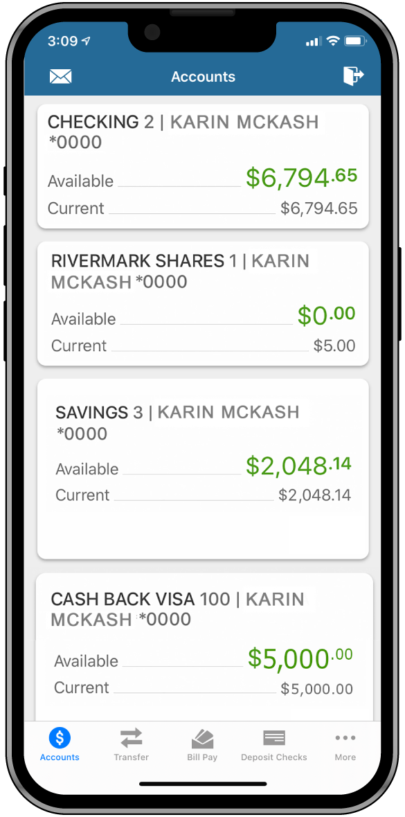 Accounts screen within the Rivermark mobile app.