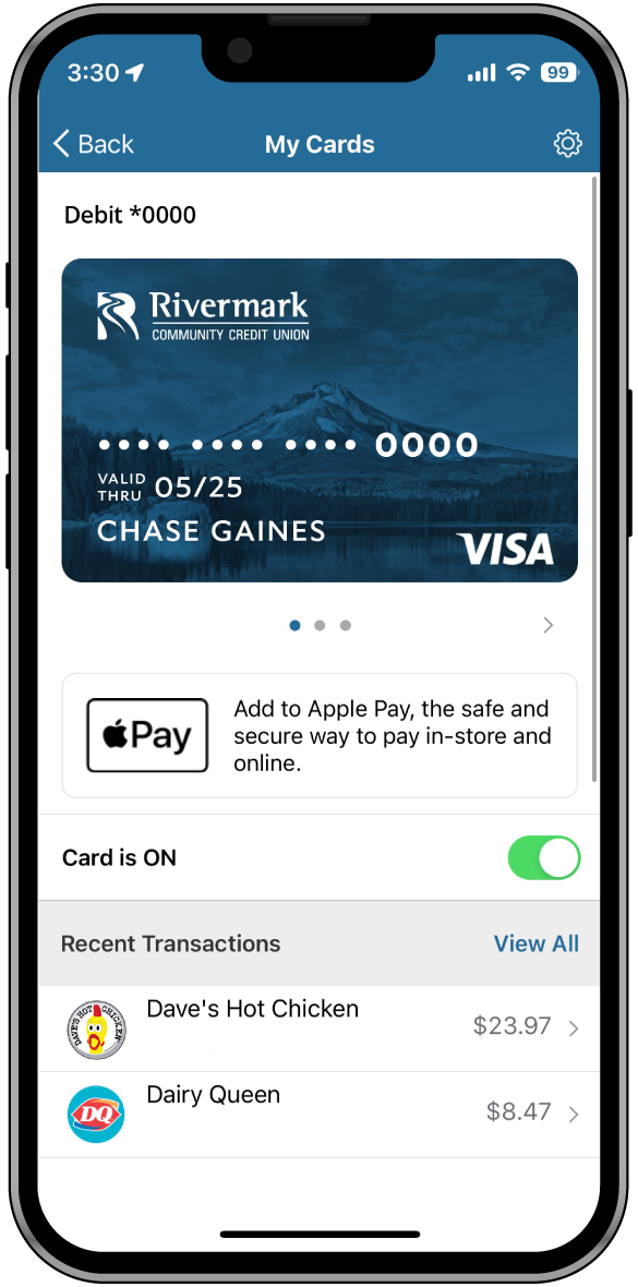 Card control feature within the Rivermark mobile app.